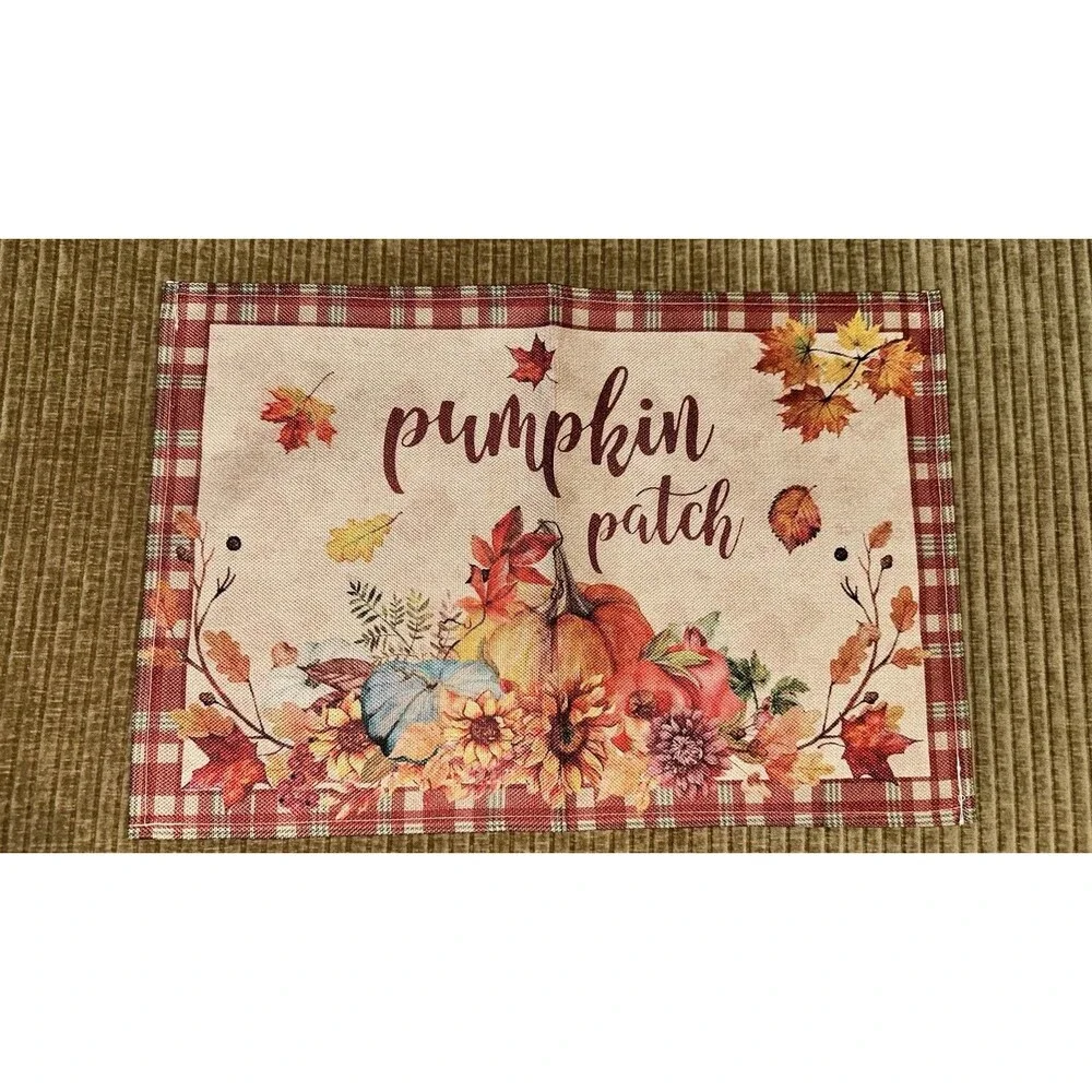 Set Of 6 Harvest Themed Fall Autumn Placemats Leaf Foliage Gingham Check
